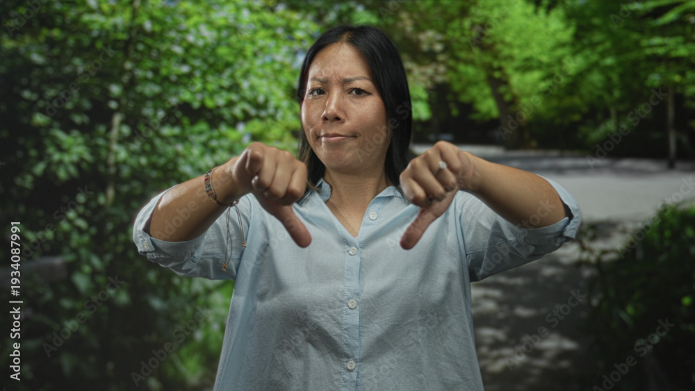 Naklejka premium Woman showing thumbs down gesture with bare hands in park among green trees and a paved path; disapproval criticism.