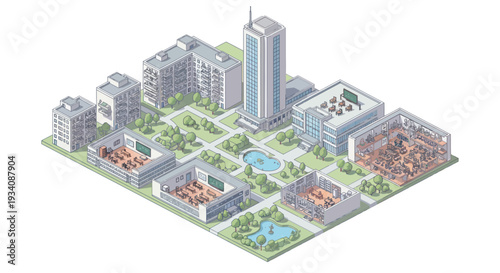 Isometric City Block with Diverse Buildings and Green Spaces