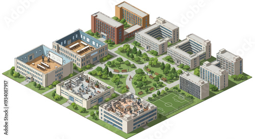 Isometric University Campus with Modern Buildings, Green Spaces and Study Areas