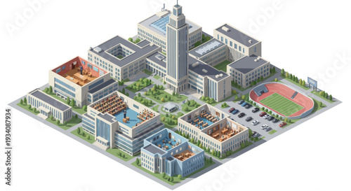 Isometric University Campus with Modern Buildings, Stadium, and Green Spaces