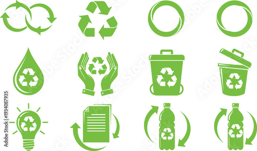 Green recycling icons set with eco friendly symbols including waste bin plastic bottle light bulb paper and hands for sustainable environmental conservation and waste management