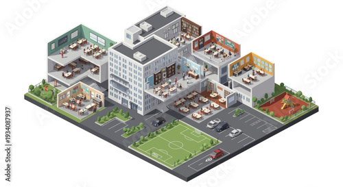 Isometric Office Building Complex with Modern Workspace, Parking, and Playground
