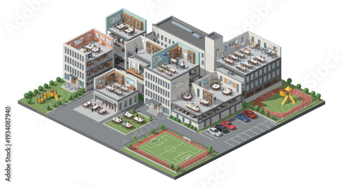 Isometric Pixel Art School Campus with Modern Buildings, Sports Field, and Playground