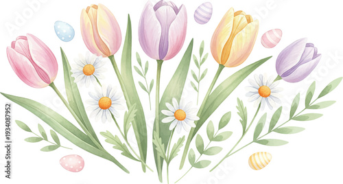 Watercolor Spring Tulips and Daisies Floral Arrangement with Easter Eggs, Pastel Botanical Illustration Isolated on White Background for Greeting Card and Invitation Design