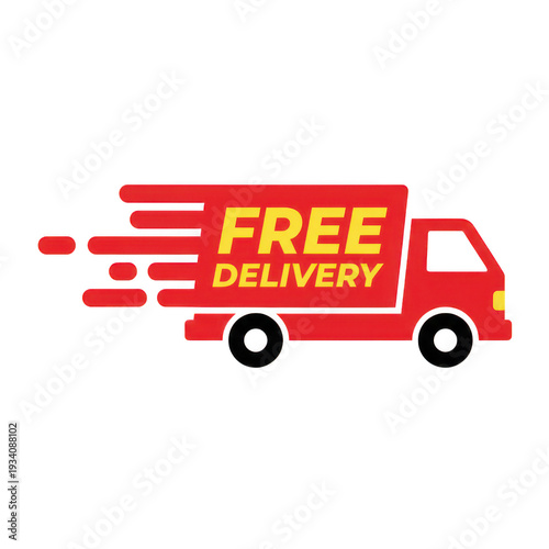 Free delivery red truck with speed lines, symbolizing fast and complimentary shipping service