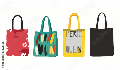 Colorful Fashion Tote Bags Vector Illustration Set Reusable Shopping Bag Collection