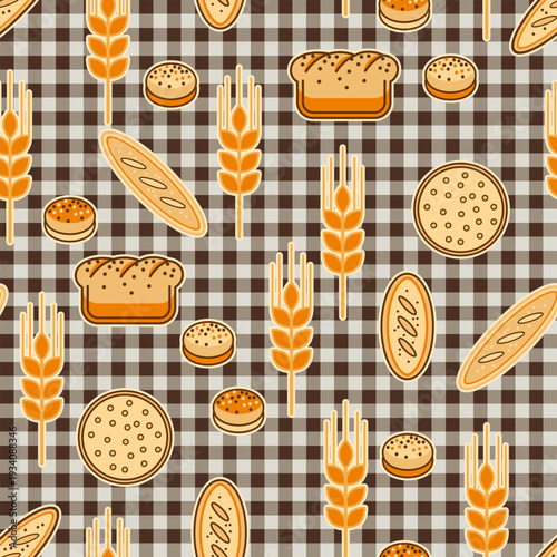 Seamless pattern with scattered bakery icons, loaves, buns, baguette, spikelets on checkered gingham background. Flat design ideal for food packaging, kitchen textiles, rustic, bakery branding