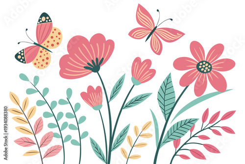 A cheerful and colorful flat illustration depicting a vibrant spring garden with two butterflies fluttering among pretty pink flowers and lush green foliage.