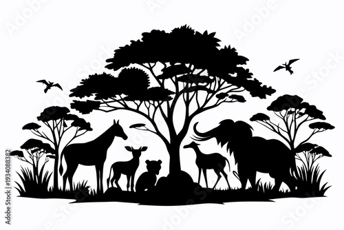 An illustrative silhouette of a vibrant African savanna ecosystem, featuring various wild animals like an elephant, giraffe, deer, and other creatures under grand acacia trees.