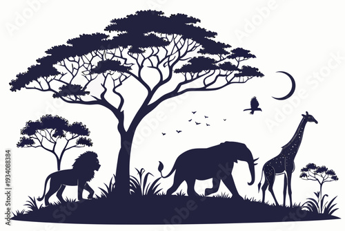 A captivating silhouette of nocturnal African wildlife, including a lion, elephant, and giraffe, roaming under a crescent moon in the savanna landscape.