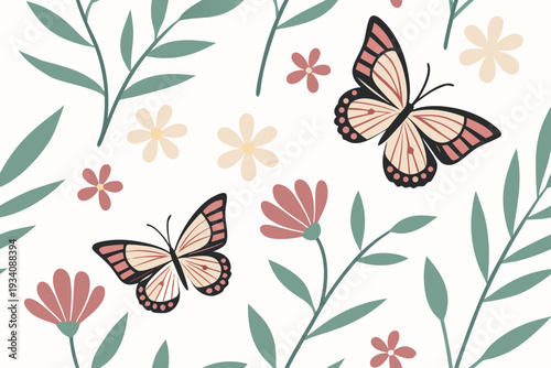 A delightful seamless flat pattern illustration featuring two graceful butterflies playfully fluttering among charming pastel-colored flowers and lush green foliage.