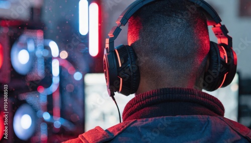 Professional gamer playing online games tournaments pc computer with headphones, Blurred red and blue background