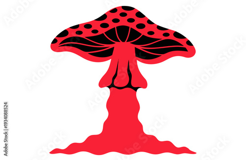 A highly stylized, bold red and black silhouette depicts a fantastical mushroom with an elongated, flowing stem and a textured cap, creating drama.