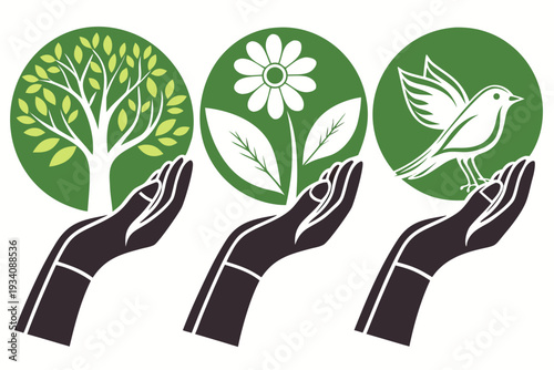 Three hands gently support distinct circular emblems, each representing vital natural elements: a lush green tree, a blossoming white flower, and a white bird.
