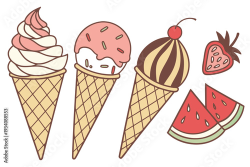 A delightful assortment of summery treats features three colorful ice cream cones, a fresh strawberry, and two refreshing watermelon slices.