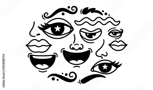 Groovy 70s Cartoon Face Elements Black White Retro Eyes Lips and Noses Vector Collection