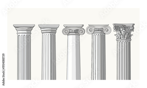 Doric, Tuscan, Ionic, Corinthian Classical Column Orders Illustration