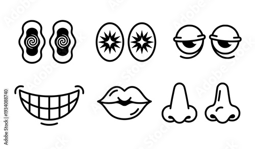 Black and White Retro Groovy Face Parts Vector Set Cartoon Eyes Mouths Noses 70s Style