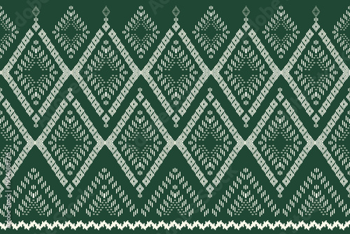 Green Thai silk fabric, ethnic design; Geometric seamless pattern; ikat; fabric seamless pattern - dress, textile, khit, Thai silk weaving