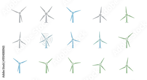 A collection of stylized wind turbines representing renewable energy and sustainability concept