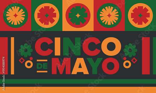 Cinco de Mayo in Mexico. Traditional mexican fiesta in May. National happy holiday with carnival, festival and parade. Latin american and spanish pattern. Illustration with sombrero. Vector poster