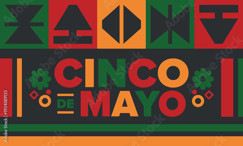 Cinco de Mayo in Mexico. Traditional mexican fiesta in May. National happy holiday with carnival, festival and parade. Latin american and spanish pattern. Illustration with sombrero. Vector poster