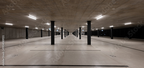 Front view of a new light-colored public parking lot with black stripes and columns. Nobody inside