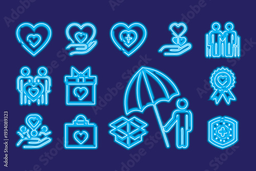 Minimalist Neon Insurance Icons with Hearts, Shield, and Umbrella