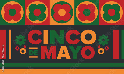 Cinco de Mayo in Mexico. Traditional mexican fiesta in May. National happy holiday with carnival, festival and parade. Latin american and spanish pattern. Illustration with sombrero. Vector poster