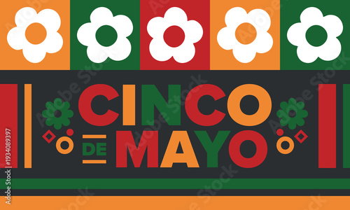 Cinco de Mayo in Mexico. Traditional mexican fiesta in May. National happy holiday with carnival, festival and parade. Latin american and spanish pattern. Illustration with sombrero. Vector poster