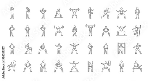 A comprehensive collection of line art icons depicting various human figures performing different exercises and fitness activities, showcasing strength, flexibility, and movement.