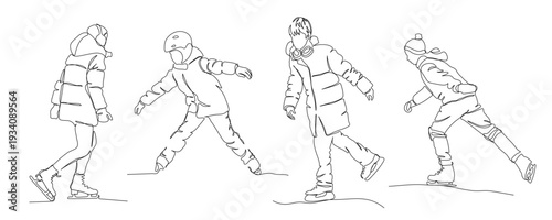 Children and teenagers ice skating in cold winter season. Continuous line drawing elements. Vector illustration in line art style. Editable stroke.