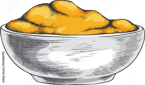Bowl of Lucuma fruit powder vector sketch, hand drawn superfood, yellow eggfruit product, flour ground extract