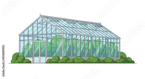 Detailed architectural drawing of a large glass greenhouse filled with lush green plants, used for horticulture and agriculture.