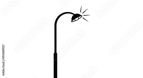 Simple black silhouette icon of a curved street light or lamppost turned on, illuminating the dark with its bright light.