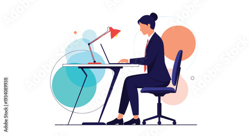 Businesswoman in a formal suit working diligently on her laptop at a modern desk, focusing on her professional tasks in the office.