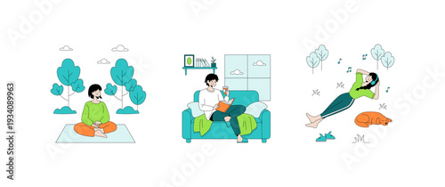 Daily Relaxation Activities Vector Illustration Set
