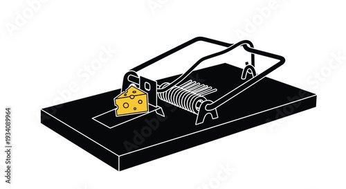 Classic wooden mousetrap with a metal spring mechanism and a piece of yellow cheese as bait, illustrated in a simple vector style.