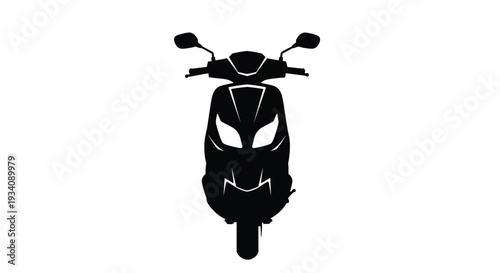 Front view black silhouette of a modern motor scooter, isolated on a white background, perfect for transportation or delivery icons.