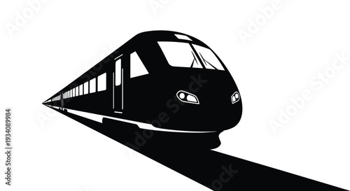 Dynamic black silhouette of a high-speed bullet train on its tracks, viewed from the front, isolated on a white background.
