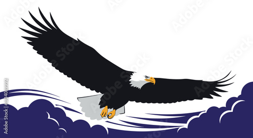 Majestic bald eagle with white head and tail feathers soaring through a blue sky over dark clouds, depicted in a powerful illustration.
