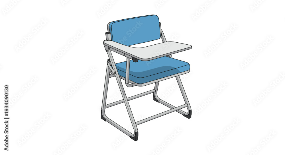 Fototapeta premium Isometric vector illustration of a blue padded folding lecture chair with an attached writing tablet, for schools or conferences.