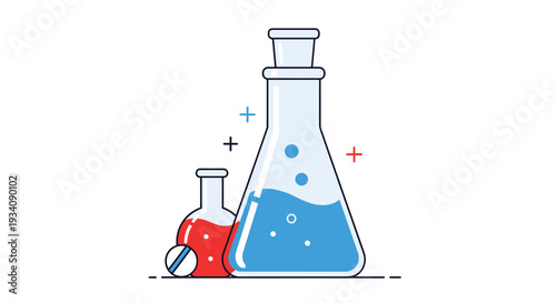 Clean vector illustration of two chemistry beakers with bubbling red and blue liquids, representing science, lab work, and experiments.