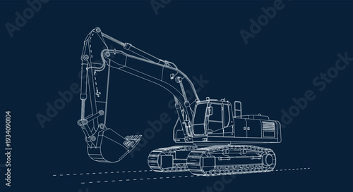 Technical wireframe blueprint drawing of a heavy construction excavator on a dark blue background, illustrating engineering design.