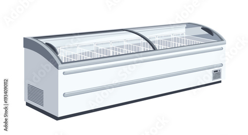 Commercial island display freezer with curved sliding glass doors, typically found in supermarkets for frozen food products.