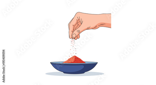 Vector illustration of a hand sprinkling red paprika or chili powder from its fingers into a small blue bowl on a white background.