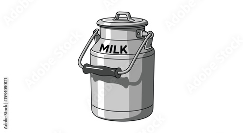 Black and white illustration of a traditional stainless steel milk can with a lid and handle, labeled with the word 'MILK'.
