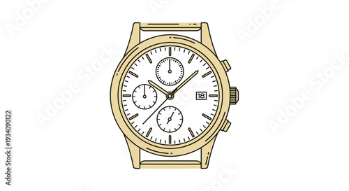 Elegant line art illustration of a classic gold chronograph watch with a white face, three subdials, and a date window.