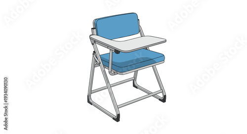 Isometric vector illustration of a blue padded folding lecture chair with an attached writing tablet, for schools or conferences.