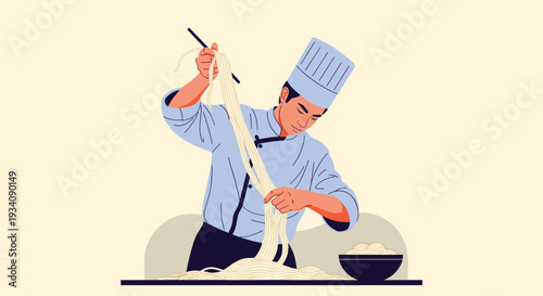 An Asian chef in uniform skillfully hand-pulling long noodles, preparing a traditional dish in a professional kitchen setting.